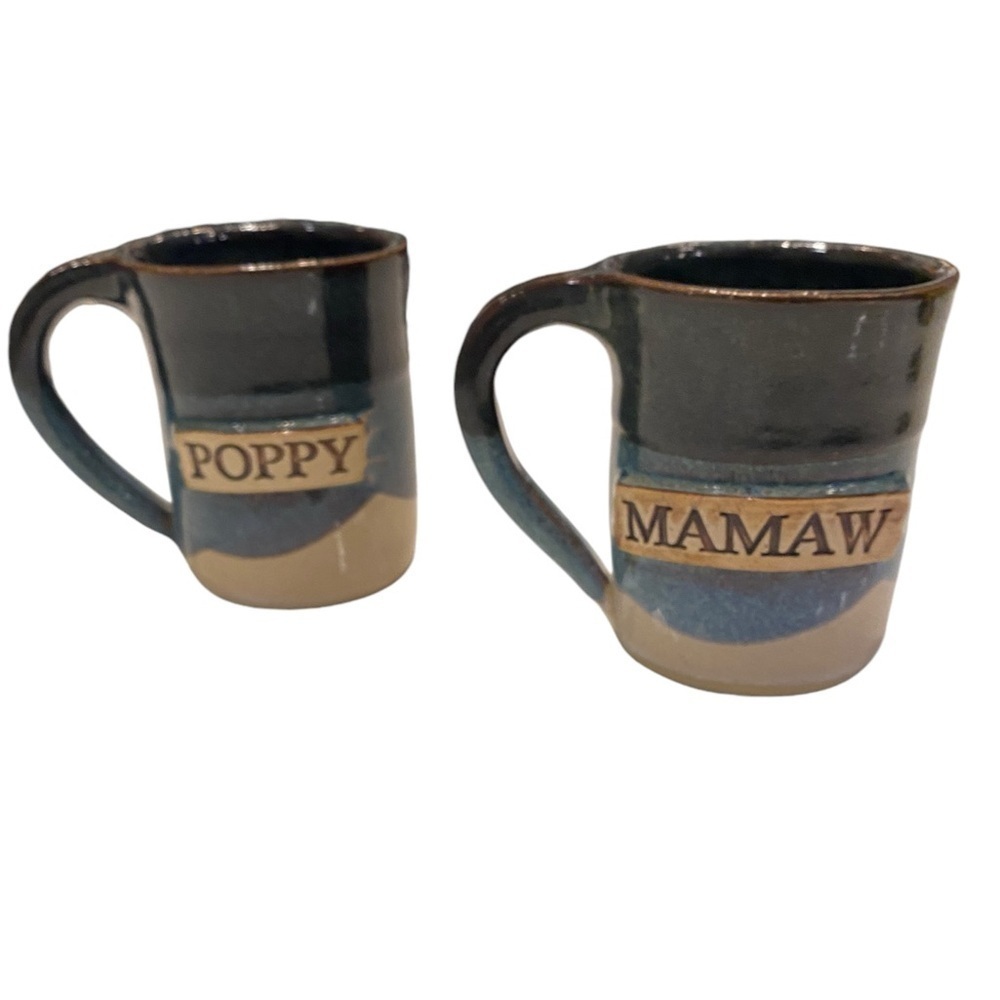 Handcrafted Mamaw and Poppy Mug Set Stegall's Stoneware Pottery Blue Grandparent